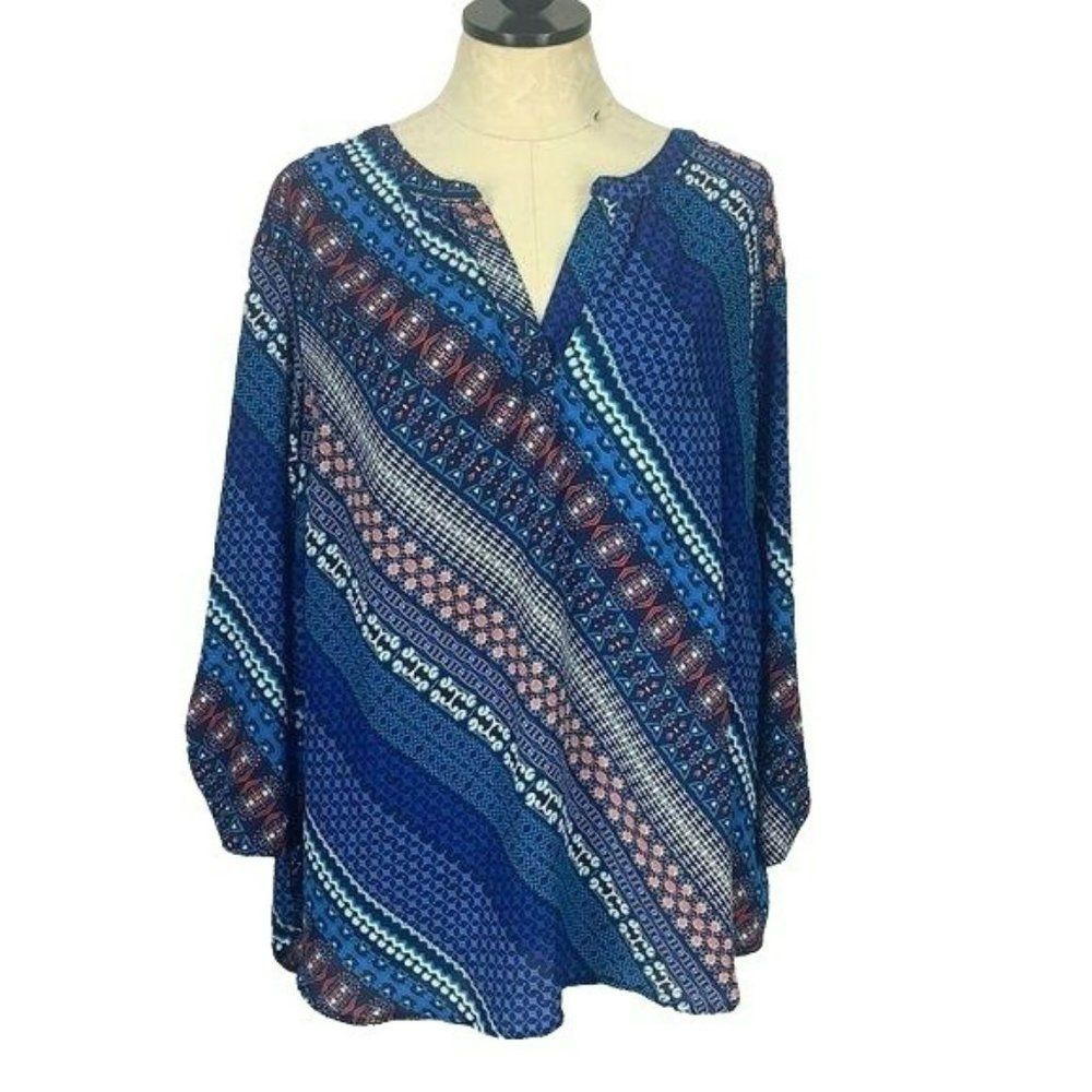 Valerie Stevens Woman's Blue Tribal Paisley Print Sheer Blouse Size 2X